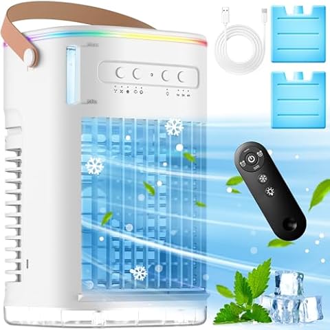 TEMEIKE 4-IN-1 Personal Air Conditioner w/Remote, 2 Ice Packs, 1200ML Tank, 7H Timer for Smart Auto-Off,2 Cool Mist,3-Speed Small Portable Air Conditioner, 7-LED Light Evaporative Air Cooler for Room Cover