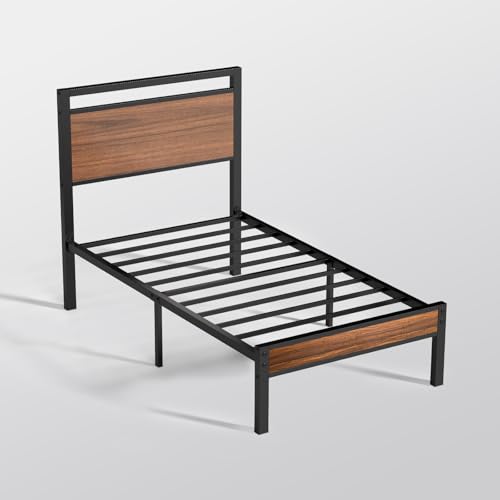 Image of Z-hom Twin Metal Bed Frame with Wooden Headboard and Footboard, Heavy Duty Platform Frame with Mrtal Slats, No Box Spring Needed, Quiet and Non-Slip Design, Saving Space for Small Bedroom,Walnut