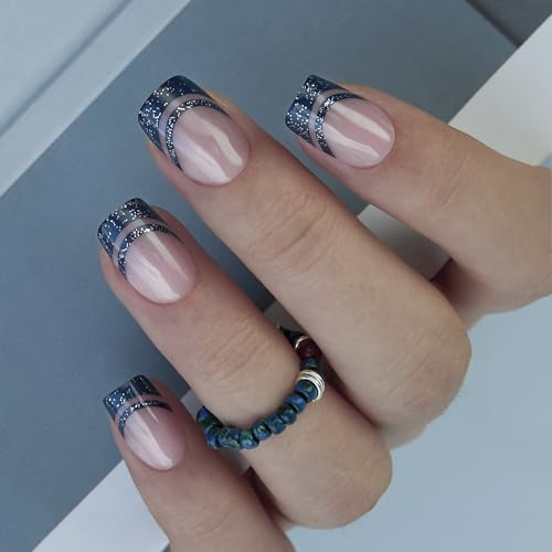 CurvLife Short Square French Tip Press On Nails, Midnight Blue, Soft Gel