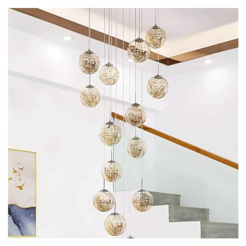 Plafonnier suspension lampe d'escalier lustre 15 boules de verre LED réglable