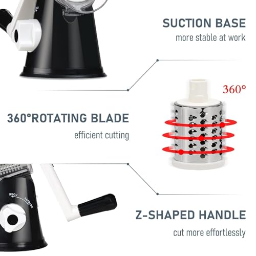 KEOUKE Rotary Cheese Grater Hand Crank Black - Shredder Slicer Grinder 3 Stainless Steel Blades, Stable Suction, Labor-Saving Handle, Safe Kitchen Tool for Cheese, Vegetable, Nuts, Chocolate