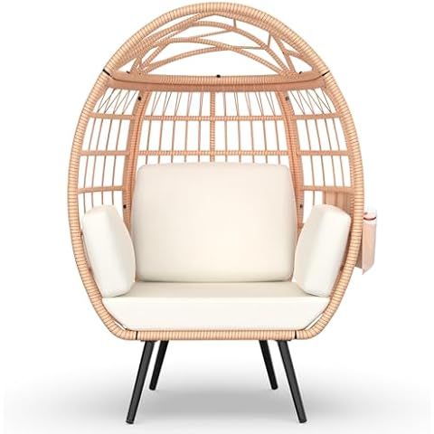 ZENPETIO Wicker Egg Chair, Oversized Indoor Outdoor Lounger with 4 UV Resistant Cushions, Storage Bag, All-Weather Wicker Egg Lounger Chair for Patio, Backyard, Living Room, 370lbs Capacity - White Cover