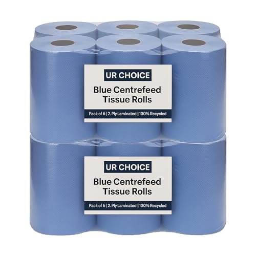 UR CHOICE Blue Centrefeed Paper Tissue Rolls, Pack of 12 Rolls, Multipurpose 2-Ply Laminated Kitchen Towel for Home & Commercial Cleaning