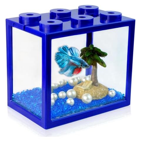 Small Betta Fish Tank, Stackable Mini Aquarium Tank Kit with Aquarium Gravel Pearl Decoration, 3/5 Gallon Fish Bowl Tiny Cube Tank for Seaweed Balls Sea Monkeys,Blue Cover