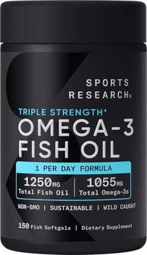 Sports Research Triple Strength Omega 3 Fish Oil - Burpless Fish Oil Supplement w/EPA & DHA Fatty Acids from Wild Caught Fish - Heart, Brain & Immune Support for Men & Women - 1250 mg, 150 ct