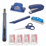 Office Stationery Set, Stapler NR-10, Paper Punch 52, Scissor KS-152, Staple Remover SR-100, MP-9 Cutter with 4 Staples Pin Boxes, (10 Pcs). Blue