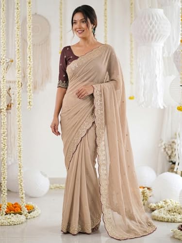 Image of SIRIL Women's Shimmer Georgette Scalloped Border Sequins Embroidery Saree with Unstitched Blouse Piece