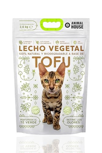 Animal House Arena Natural al Tofu, Segura para Humanos y Animales, no se Raya, Antipolvo, perfumada con té Verde, retiene los olores sin Molestar a los felinos, 2,6 kg