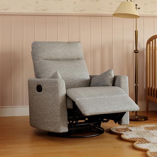 Image of Davinci Atlas Upholstered Recliner and Swivel Glider in Frost Grey | Nursery Glider Chair with High Back, Padded Armrests, and Bolster Pillows | Smooth Recline for Nursing and Feeding
