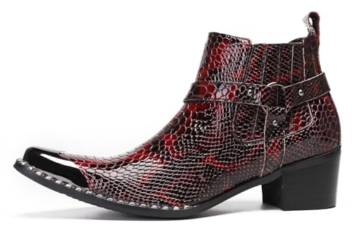 Santimon Cowboy Boots for Men Disco Party Red Dress Casual Leather Metal Square Toe Snakeskin Texture Chelase Boots Mens Fashion Ankle Western Boots for Boys2