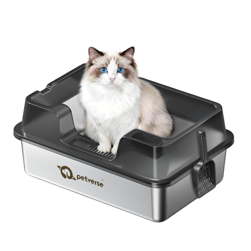 Image of Petverse Stainless Steel Cat Litter Box [60x40x22cm] Extra Large Metal Cat Litter Tray with Scoop | Non-Stick,Odour Resistant & Easy to Clean | Durable Leak-Resistant Litter Box for Indoor Cats
