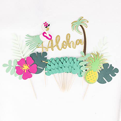 13Pcs Glitter Aloha Cake Topper Flamingo Cake Toppers Tropical Palm Leaves Cupcake Toppers Flamingo Happy Birthday Cake Decoration Tropical Hawaiian Luau Themed Party Supplies #TOP1