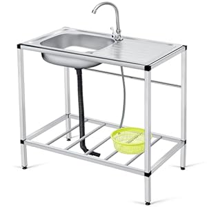 Tandefio Freestanding Outdoor Kitchen Utility Sink Set Stainless Steel Single Bowl Sink Commercial Restaurant Utility Portable Sink for Restaurant Cafe Bar Hotel Garage Laundry RoomClassic