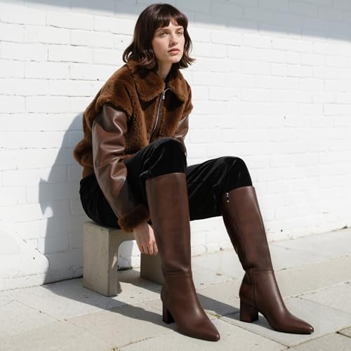 Image of Easyfox Womens Knee High Boots Chunky Low Heel Pointed Toe Tall Long Boots | Balanced Low Block Heel, Sleek Pointed Toe, Anti-slip Rubber Outsole, Fashion Heeled Dressy Fall Winter Long Boots for Women