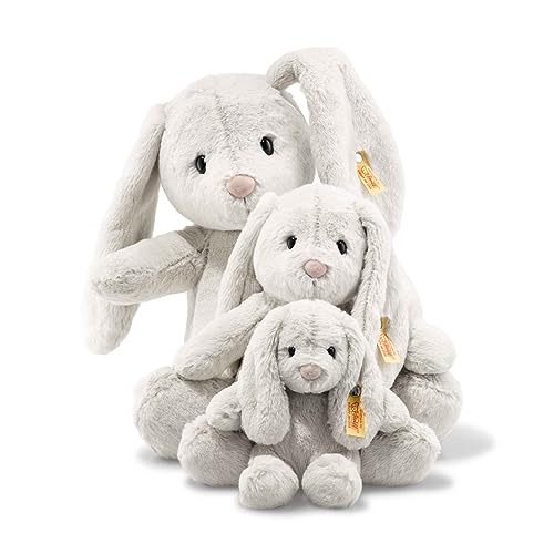 Steiff Hoppie Hase mit Schlappohren 28 cm hellgrau, Plüschtier, Soft Cuddly Friends, flauschiges Stofftier zum Kuscheln und Spielen, Kuscheltier für Mädchen und Jungen, waschmaschinenfest
