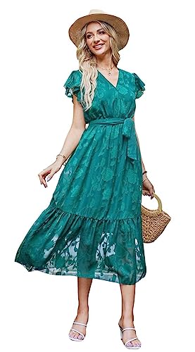 Image of VintageClothing Womens Sundress Casual Floral Summer Boho Dress | Flowy Wrap V Neck Ruffle A-Line Pleated Hem Midi Dresses