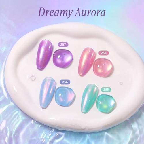 Image of AZUREBEAUTY Pearl Nail Polish Set 4 Colors Ombre Mermaid Shimmer | Pink Aqua Blue Purple Quick Dry Shell Glitter Effect, Dreamy Aurora Look, Women Gift Home Manicure DIY
