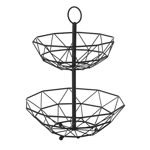 LOLAhome Frutero geométrico de 2 alturas negro de metal cromado de Ø 29,5x38 cm | Cesta doble negra para almacenar fruta, verdura y pan