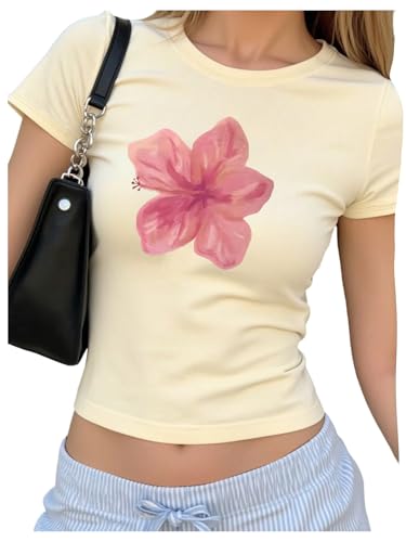 Floral Graphic Crop Tops for Girls Short Sleeve Slim fit Preppy Summer T Shirt Y2k Tops Trendy
