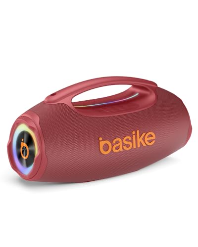 Basike Caixa de Som Bluetooth Portátil 80W RMS (Pico 120W), TWS Estéreo, Modos EQ, Luzes RGB, IPX6 Resistente à Água, Bateria 8000mAh, para Home Theater, Festa e Uso Externo – Vermelho