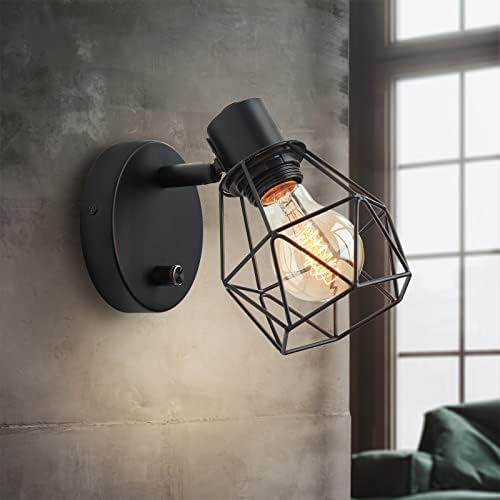 Lightess Wall Lights Industrial Dimmable with Switch Vintage Adjustable Metal Cage Wall Lamp Indoor Black E27 Lamp Holder Wall Sconce for Home Kitchen Living Room Bedroom Restaurant Hallway