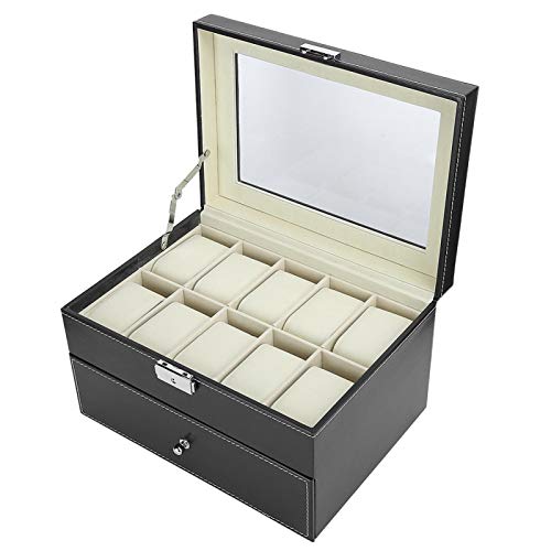 Organizador de estojo de couro PU, caixa de relógio, organizador de relógio de dupla camada em couro