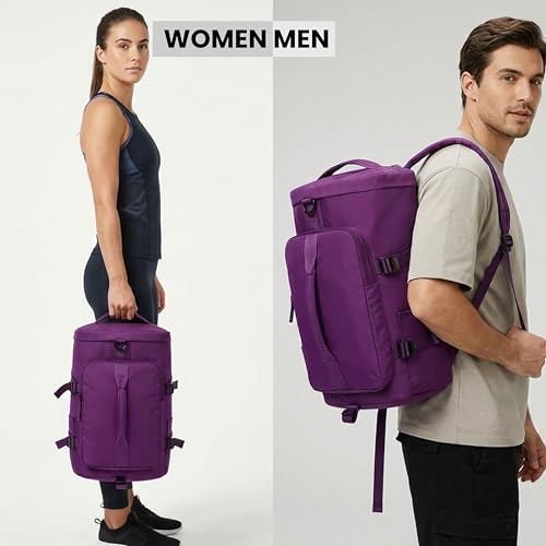 Image of POPCUBE 2in1 Nylon 26cm Lightweight Waterproof Backpack Duffle Bag with Shoulder Straps, Small Rucksack Travel Bag for Men & Women with Wet Pocket & Shoe Compartment(45x26x26cm) (Purple)