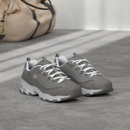 Skechers Women's D'Lites - Me Time Lace Up Fashion Sneakers, Grey / White, 5.5 Wide