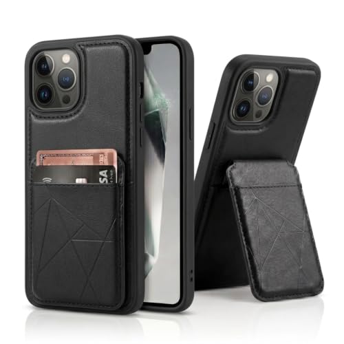 Image of amazon basics Premium Vegan Leather Back Cover with Card Holder and Integrated Mobile Stand for iPhone 13 Pro Max - Slim Shockproof Wallet Case with Geometric Stitching [Black]