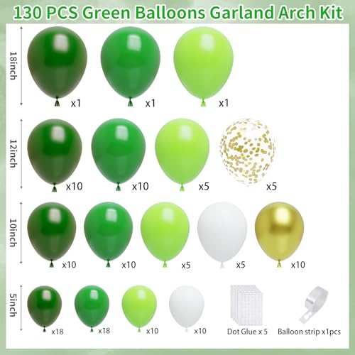 Image of Light Green Balloons Arch Kit,130Pcs Dark Green and Gold Balloons,Different Sizes White and Gold Latex Balloon for Jungle Forest Themed Birthday St. Patrick's Day Party Decorations