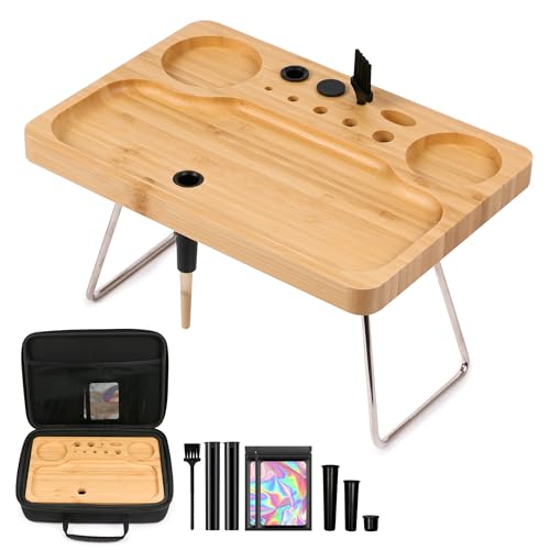 INFINITKIN Bamboo Rolling Tray – 11'' x 7'' Large Foldable Wooden Tray with Travel Bag – Portable Accessory Kit for Home & Travel, Great Gift Choice
