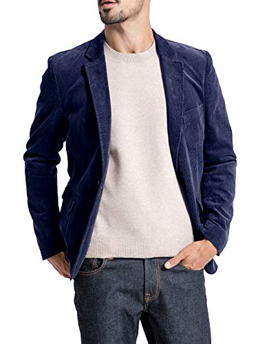 Mens Corduroy Blazer Slim Fit Casual Sport Coat Vintage One Button Notch Lapel Fall Winter Suits Jacket (Large, Navy Blue)