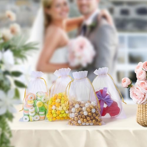 Image of 100PCS Premium White Organza Bags with Gold Drawstring, 4x6inch Wedding Favor Gift Bags, Mesh Pouch for Jewelry, Party, Christmas, Festival, Bathroom Soaps, Makeup Organza, Wrapping Supplie