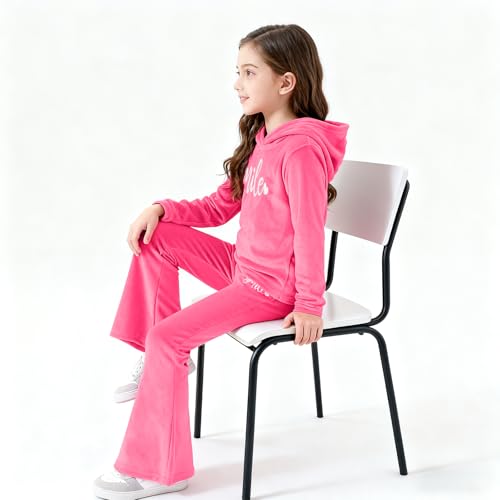 Image of 6-13 Years Girls Clothing Heart Print Hoodie Top + Heart Print Flare Leg Pants 2PC Clothing Set
