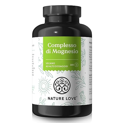 Complesso di magnesio NATURE LOVE® - 180 capsule - 400mg di magnesio elementare per dose giornaliera - magnesio in forma di citrato, ossido, bisglicinato, malato e ascorbato - Vegano, ad alto dosaggio