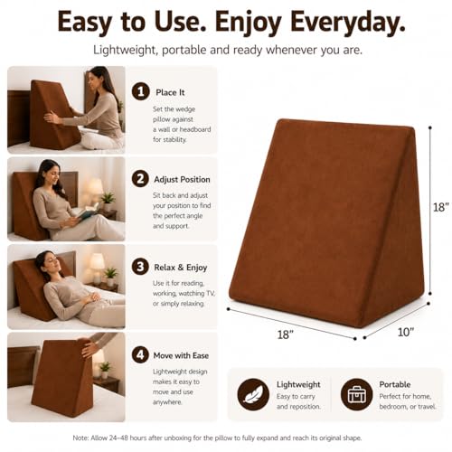 Image of Wedge Pillow for Bed | Back & Neck Support Pillow for Sleeping & Reading | Bed Wedge Pillow for Acid Reflux, Back Pain & Legs Elevation | Pregnancy Support Pillow with Comfortable Foam - Brown