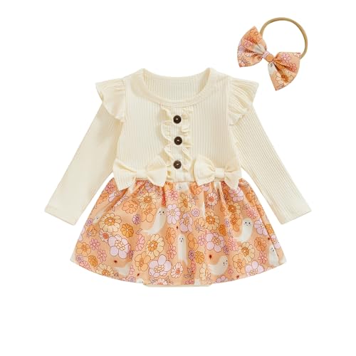 Socutebabe Baby Girl Halloween Outfit Newborn Ghost Outfits Ribbed Ruffle Romper Dress Headband Cute Fall Winter Clothes (baby-Yellow, 0-3 Months)