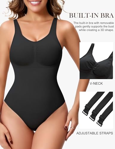 Image of Shapewear Bodysuits with Built in Bra Tummy Control Body Shaper | V Neck Wide Straps Compression Cami Faja Body Shaper with Crotch Hooks
