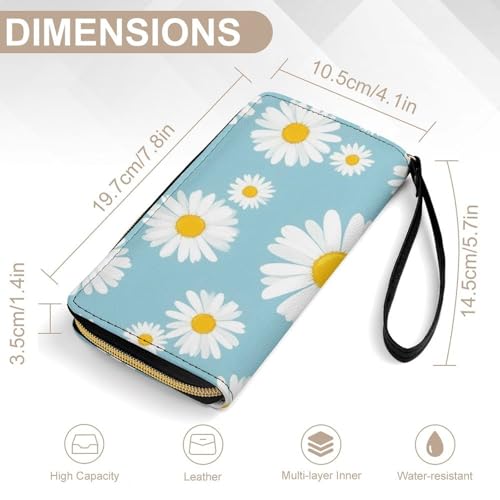 Women's Cute Decor Long PU Zipper Wallet, Travel Purse Fashion Design, Huge Storage Capacity Purse With Rope Sky Blue Daisy Flowers2