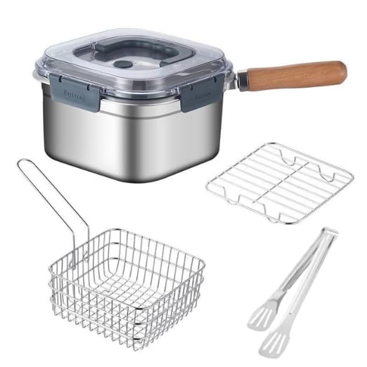 Image of Stainless Steel Square Oil Filter Frying Pot With Lid | Multi-Functional Tempura Deep Fryer & Steamming Pot | Kitchen Stock Pot For Cooking Portable Crisper Pan.