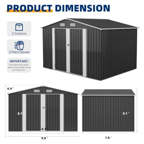 Image of UDPATIO 10X8 FT Outdoor Storage Shed, Metal Shed for Patio&Garden,Grey | All-Weather,Sloping Roof,Lockable Door,Air Vent,Upgraded Full-Frame Structure,Patio,Lawn,Garden,Backyard,Bicycle,Tool,Bicycle