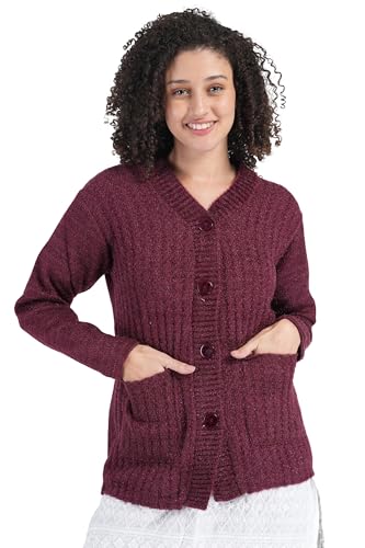 Image of MANRA Women's Woolen V-Neck Buttoned Full Sleeve Cardigan Self Design Soft Wool Fabric Winter Wear Pure Wool Sweater Fully Warm with Front Pockets Stylish Cardigan