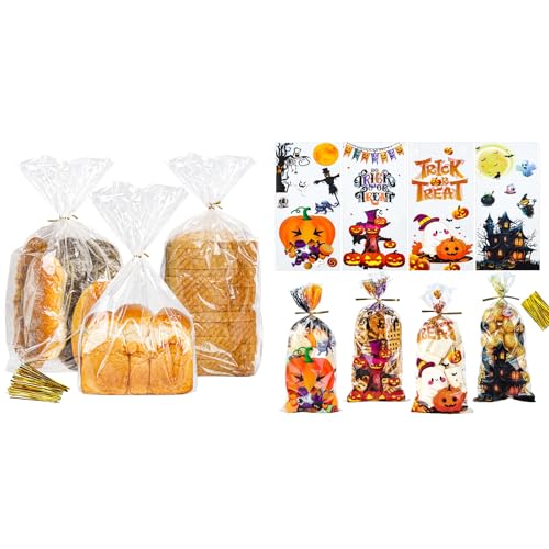 Bundle of Plastic Bread bags for Homemade bread and Halloween Treat Bags with Ties for Airtight Storage of Baked Goods