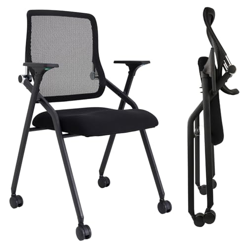 BLANEDUO Updated Conference Room Chairs, Folding Office Desk Chair with Lumbar Support and Sliding Armrest with Casters, Stackable Office Guest Chairs & Reception Chairs, 2 Pack Black
