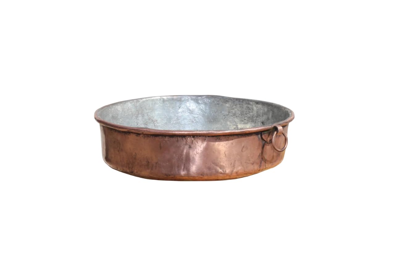 Pentola da Forno Rotonda in Rame, Stagnata all'Interno, Fatta a Mano, Pirofila Tradizionale con Manici ad Anello, per Cottura Professionale (30 cm)