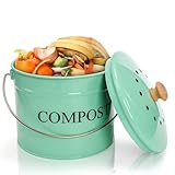 AVLA Kitchen Compost Bin, 1 Gallon Countertop Food Waste Container, Odorless Composter Bucket with Lid and Charcoal Filter, Indoor Metal Composting Pail, Mint Green