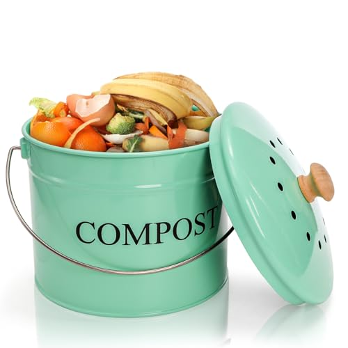 AVLA Kitchen Compost Bin, 1 Gallon Countertop Food Waste Container, Odorless Composter Bucket with Lid and Charcoal Filter, Indoor Metal Composting Pail, Mint Green
