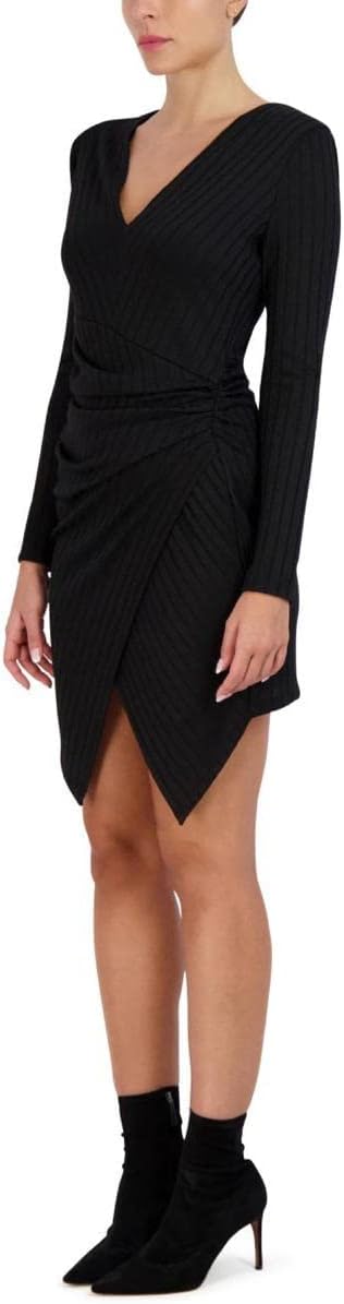 BCBGMAXAZRIA Womens Mini Dress Long Sleeve Asymmetrical Hem Ruching Fitted Faux Wrap Style Dresses - Image 3
