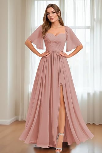 A Line Chiffon Bridesmaid Dresses for Women Pleated Flutter Sleeve Long Formal Evening Gowns with Slit3