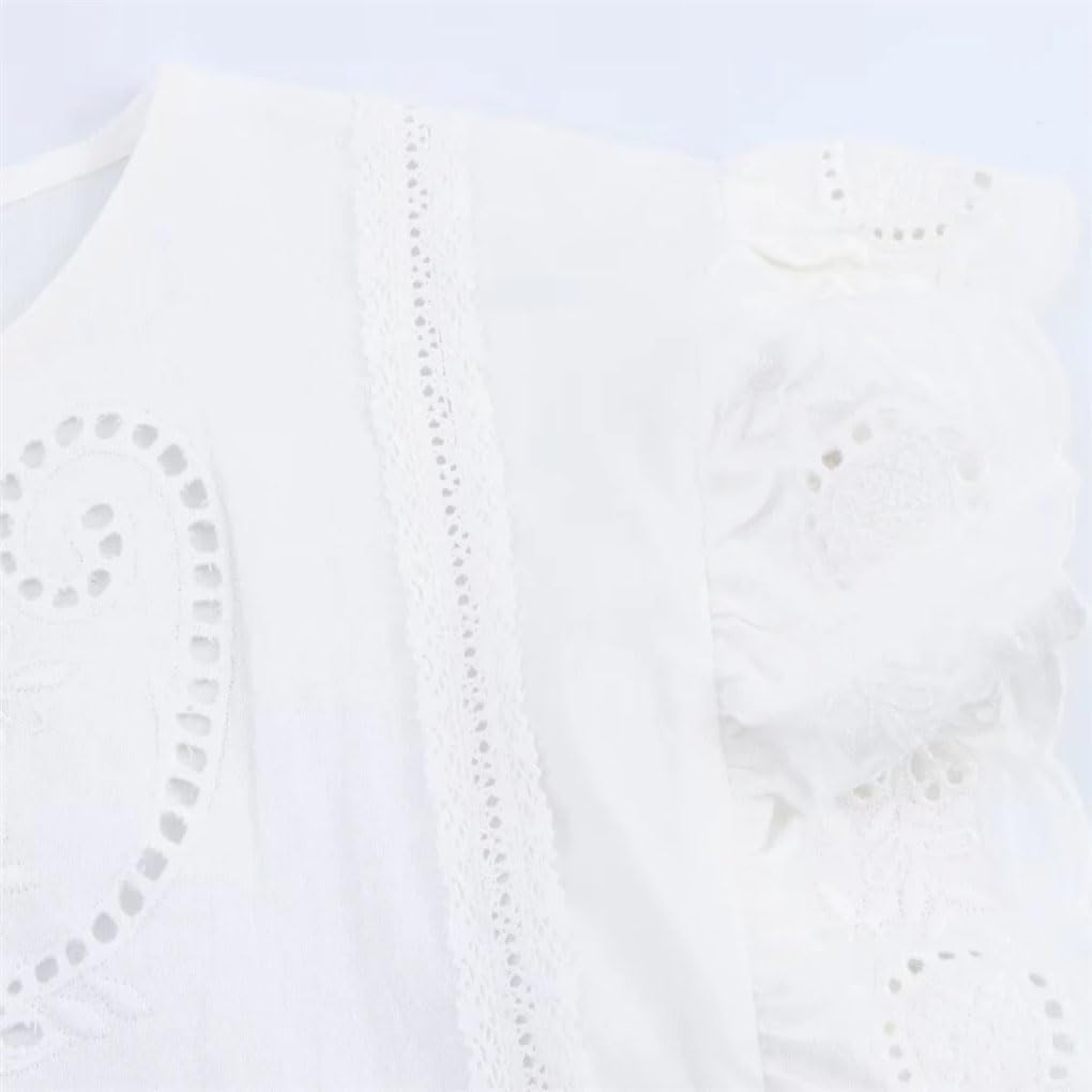 Women's Embroidered Hollow Round Neck Short Sleeve Ruffle Button Top